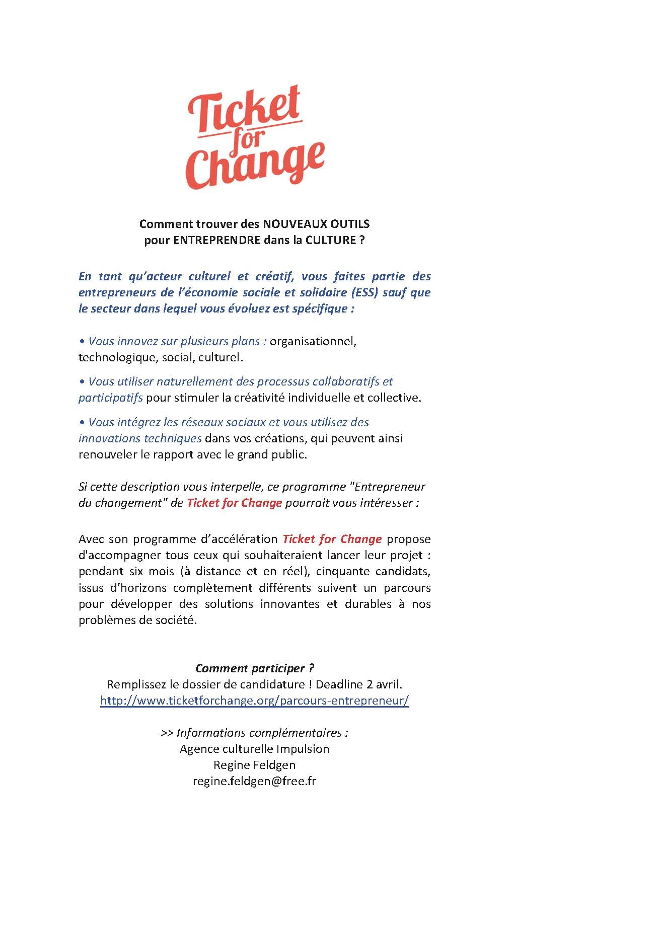 Appel à candidature Ticket for Change – Projets de l’économie sociale et créative !