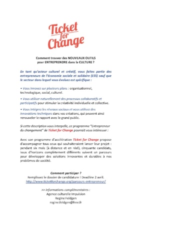 Appel à candidature Ticket for Change – Projets de l’économie sociale et créative !