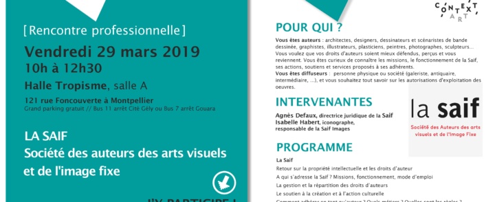 [Rencontre professionnelle] La SAIF, Société des auteurs des arts visuels et de l’image fixe // Vendredi 29 mars 2019, HALLE TROPISME
